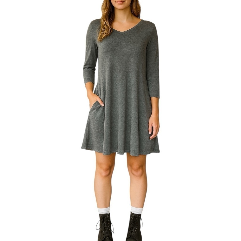 Lildy Small Medium Gray Long Sleeve Jersey Knit Dress Pockets Minimalist Casual